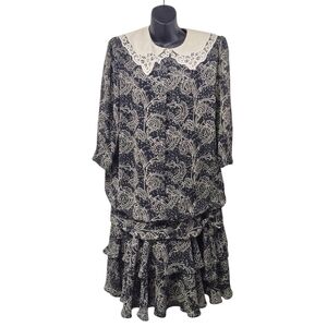 Vtg 80s Liz Roberts Layered Shimmer Side Bow Dress Wide Lace Collar Dress Sz M/L